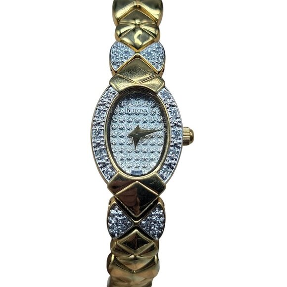 Bulova Ladies Diamond Bow Watch Gold Plated 15mm Silver Tone Dial 7" Band Quartz - Picture 2 of 16